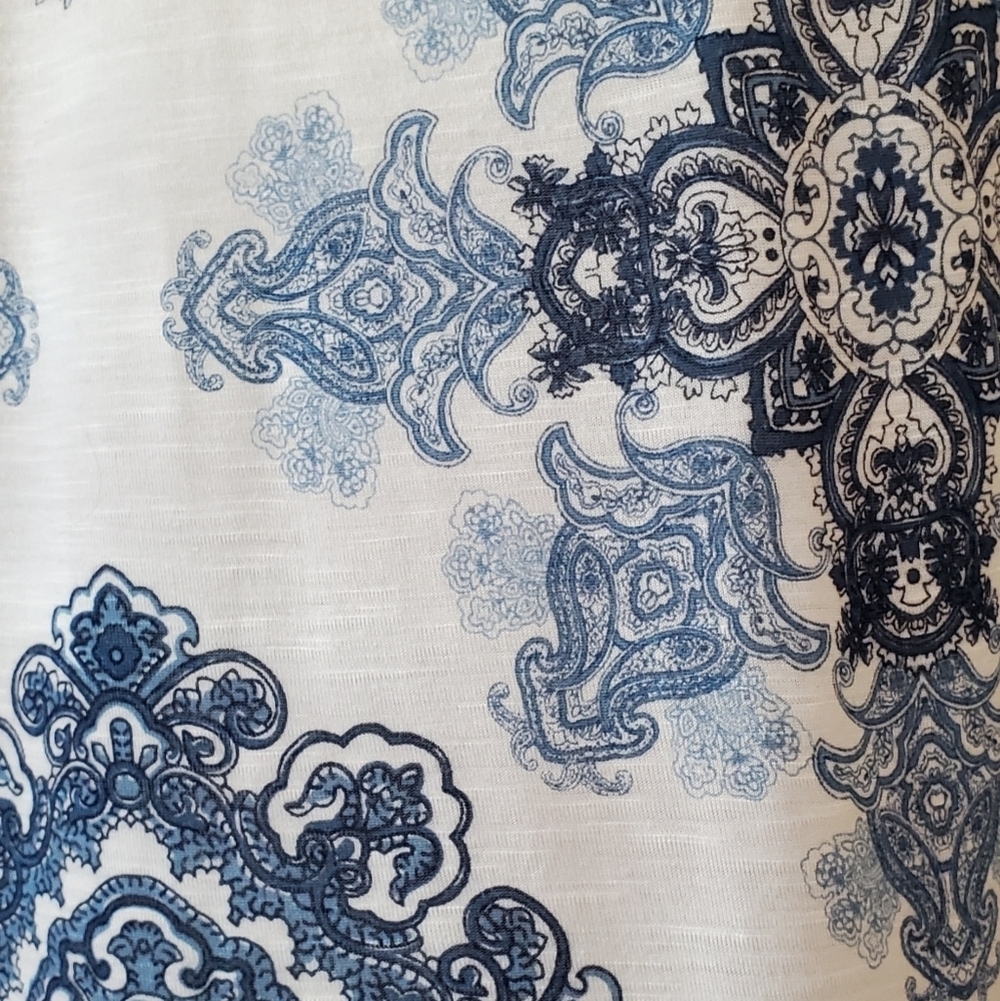 INC International Concepts Blue White Boho Medallion Peasant Top 3/4 Sleeve Med - Picture 5 of 7
